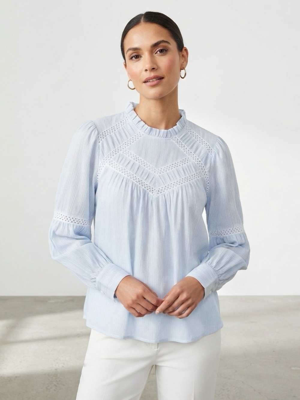 Laura Ashley Blue Yoke Pintuck Lace Blouse Small Cottagecore Boho Romantic
